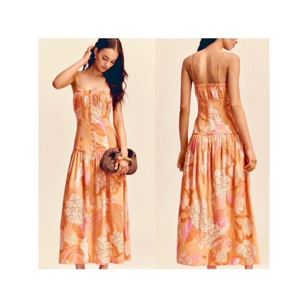 Farm Rio x Anthropologie Linen Blend Strapless Drop Waist Maxi Dress Size XL
